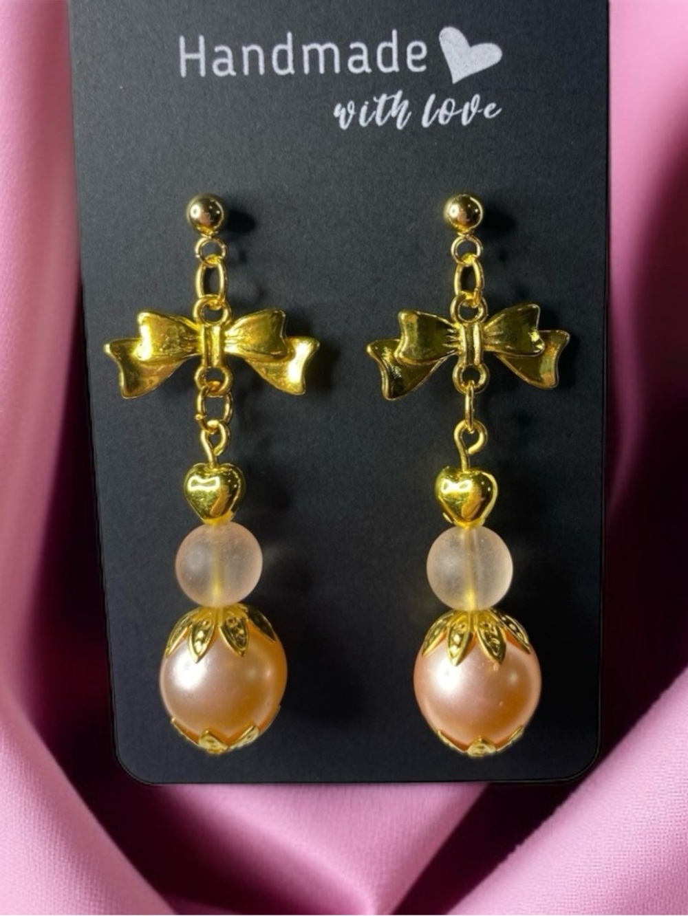Handmade Gold and Pink Bow Earrings